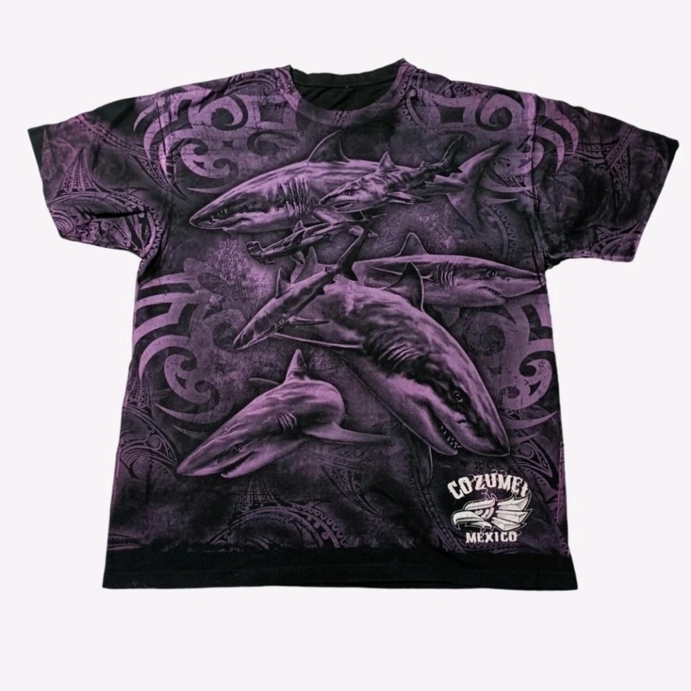 Vintage Y2K Shark AOP Cozumel Mexico Destination T-shirt